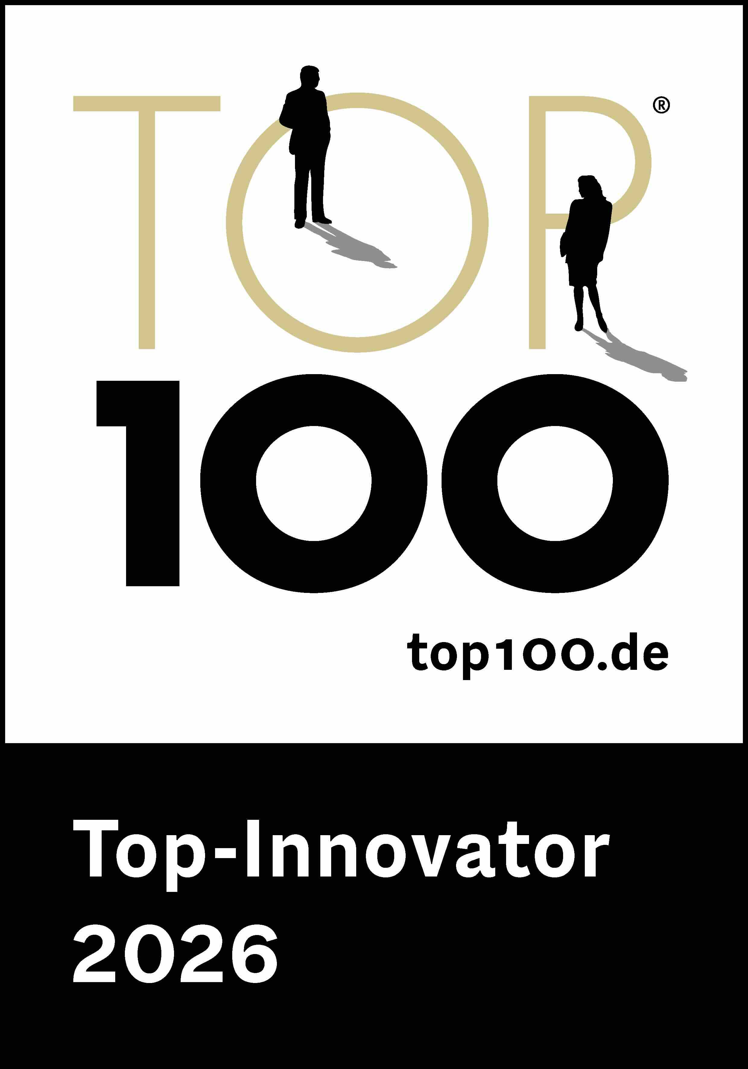 Logo von Top 100 mit zwei Silhouetten, ein Mann und eine Frau, auf den Buchstaben, Text: Top-Innovator 2026.