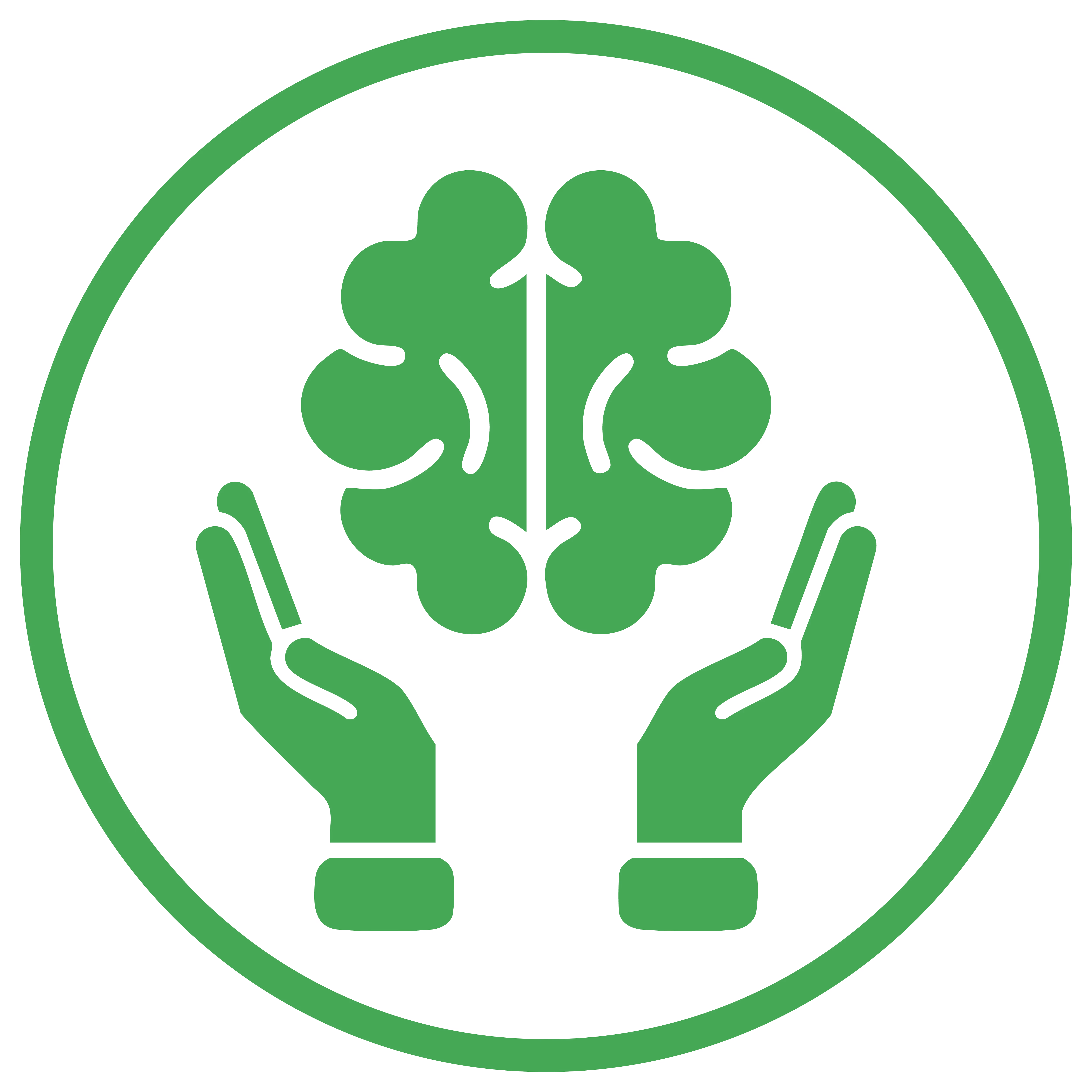 Hands open around a brain.