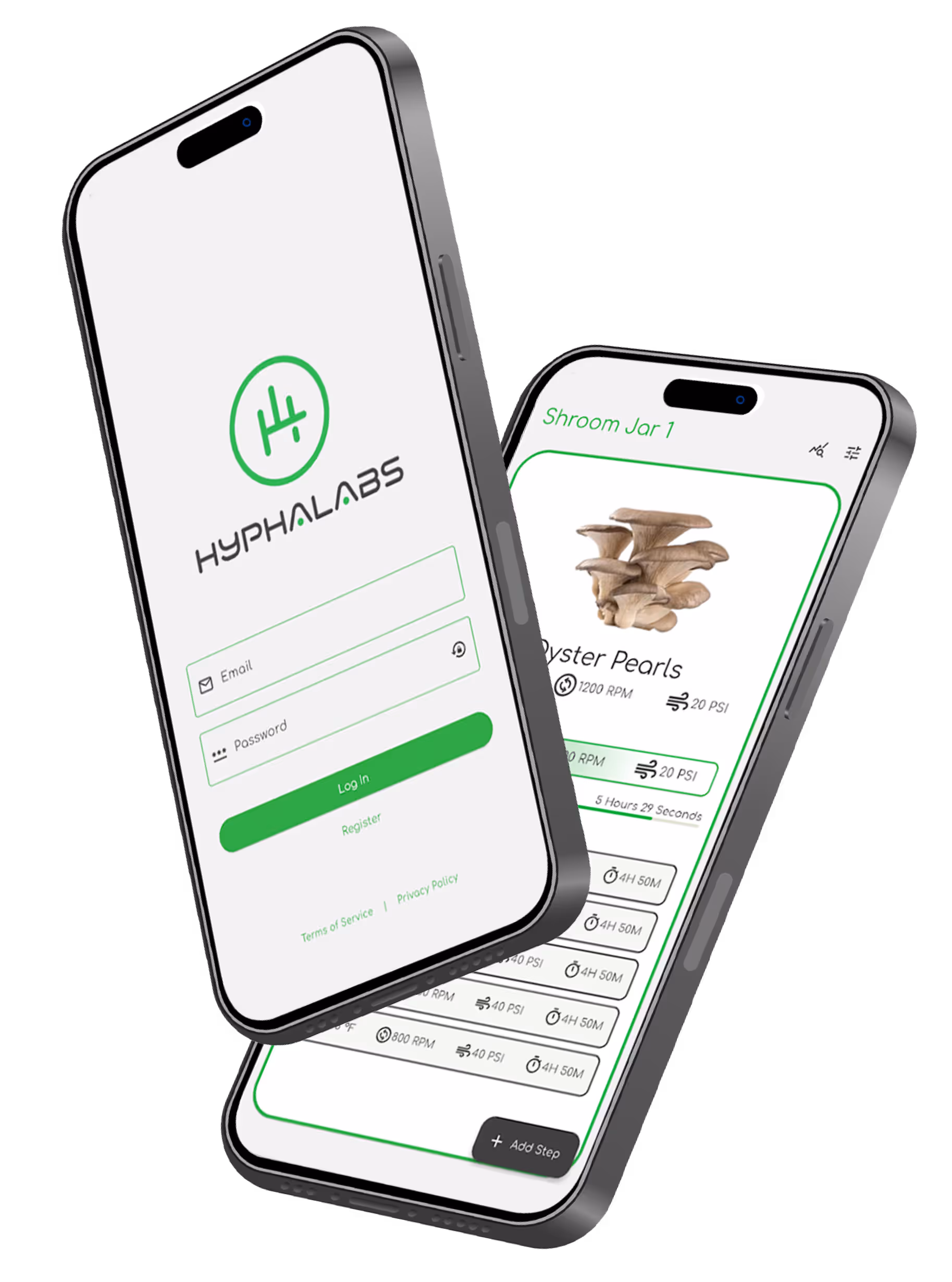Two smartphone on the air with screens displaying  login and app dashboard for Hypha Labs.