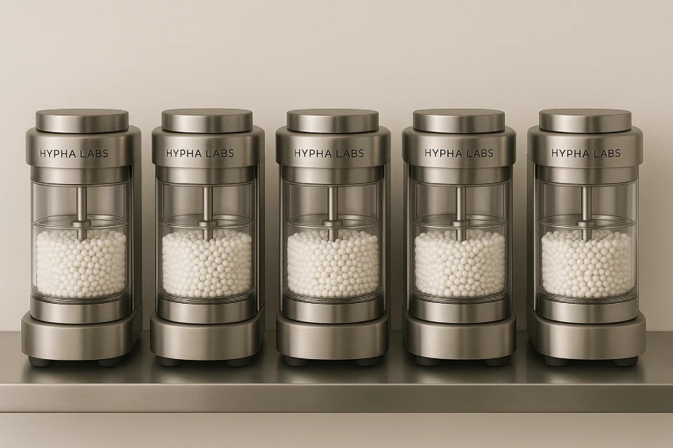 A lineup of five HYPHA LABS scientific devices, each with a clear chamber holding small white beads.