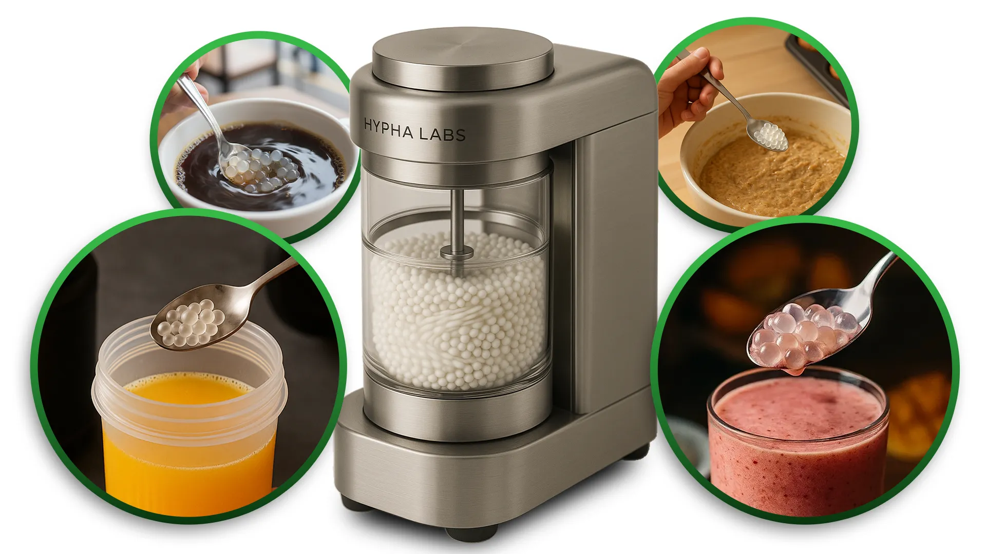 A Hyphalabs machine surrounded by four images showing its pearls being added to coffee, juice, batter, and a smoothie.