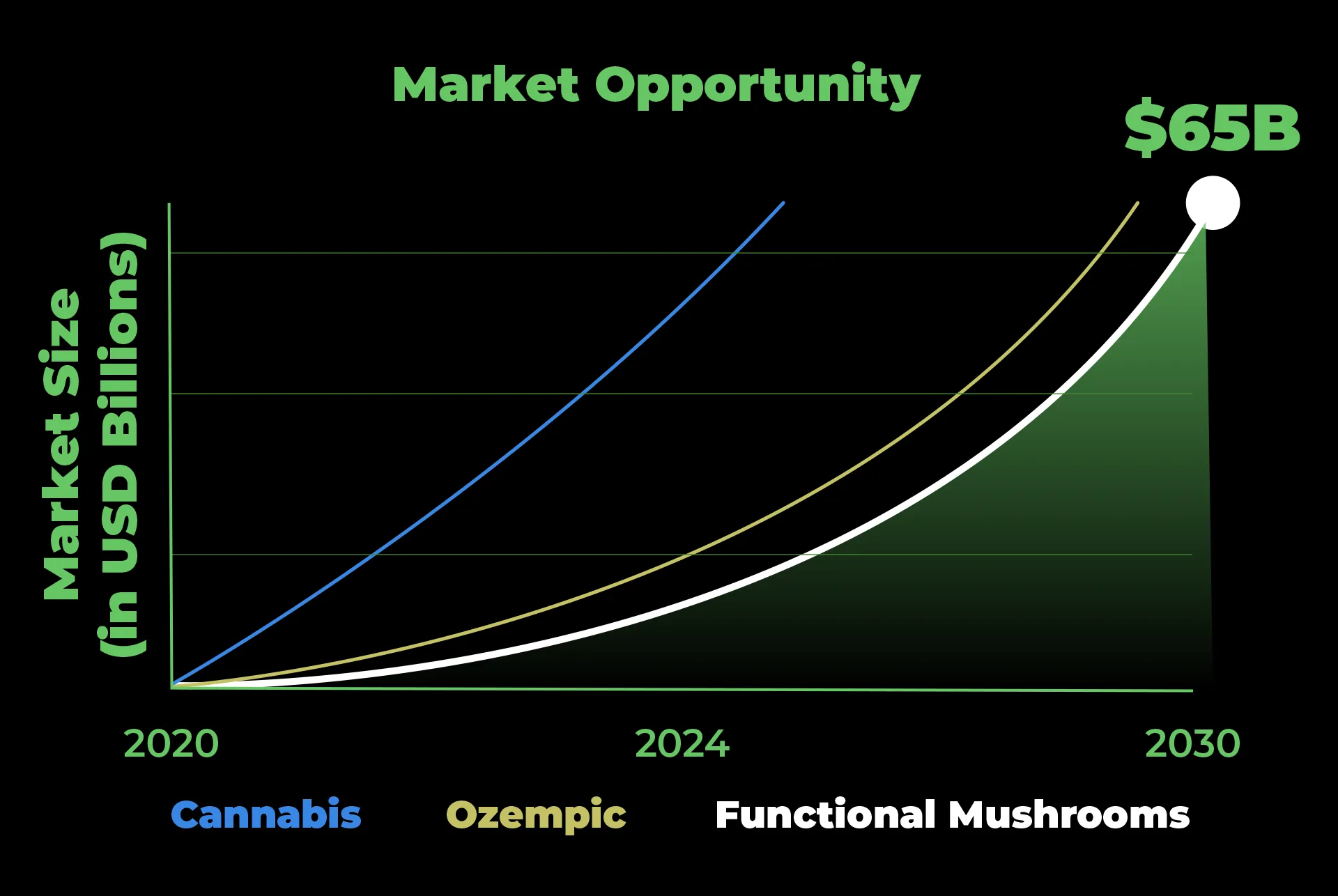 Line chart shows the functional mushroom market opportunity projected to reach $65B by 2030, with a steeper growth curve.