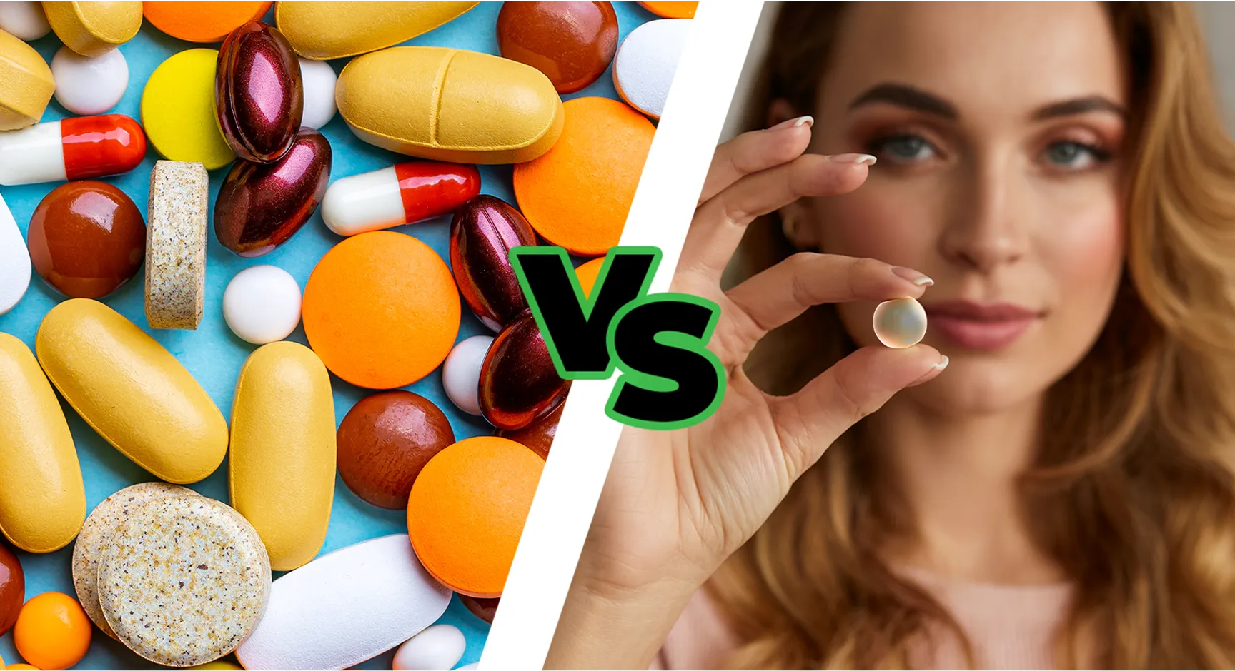Split image comparing various colorful pharmaceutical pills on the left to a woman holding one clear, pearl-like supplement.