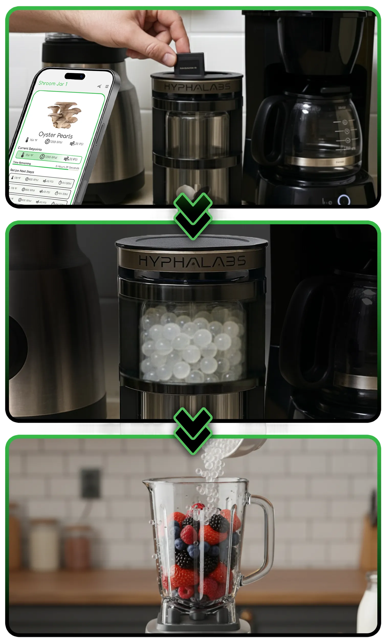 A three-panel graphic showing a pod placed in a machine, the machine producing pearls, and the pearls being added to a blender.