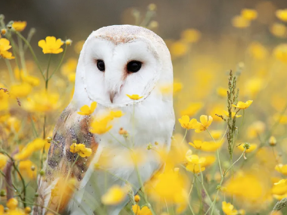 Barn owl in spring meadow