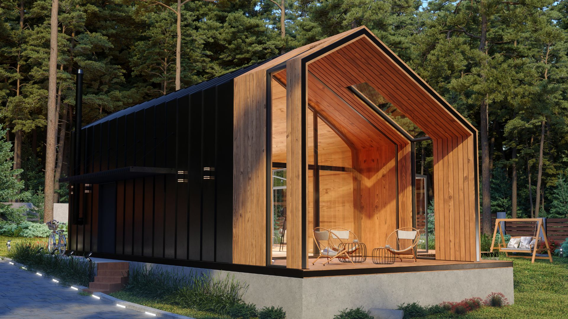 Modernes Tiny House aus Holz im Wald