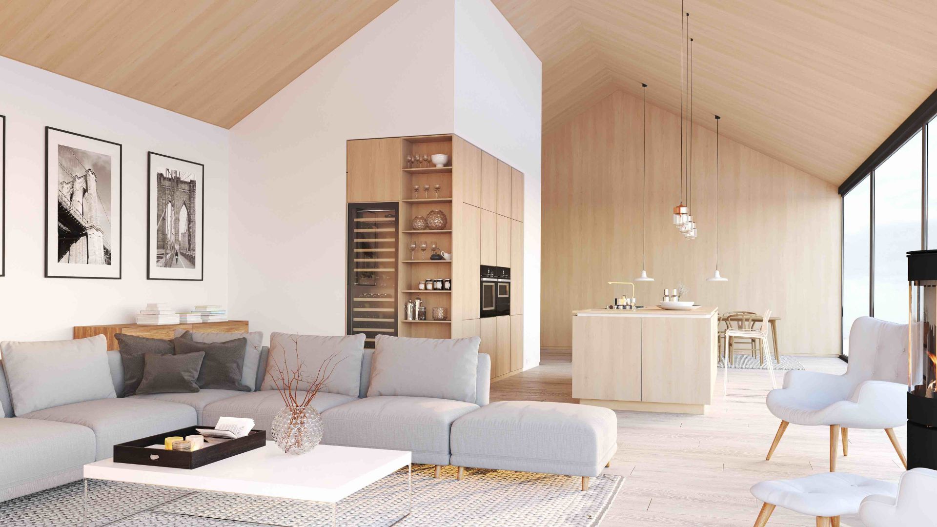 Modernes, helles Wohnzimmer mit offener Küche und skandinavischem Design.