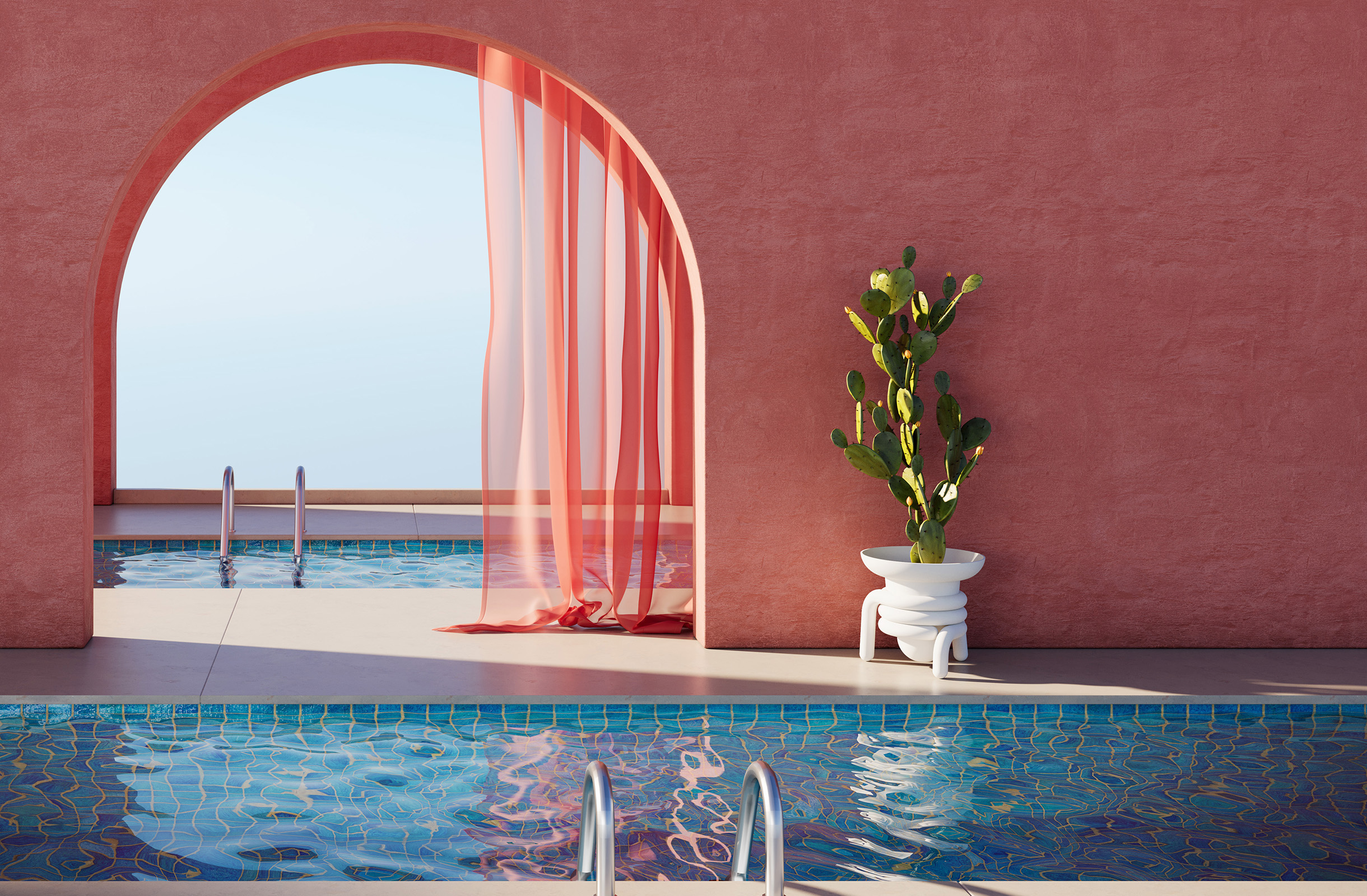 White Jill standing beside blue water and a coral-coloured arch