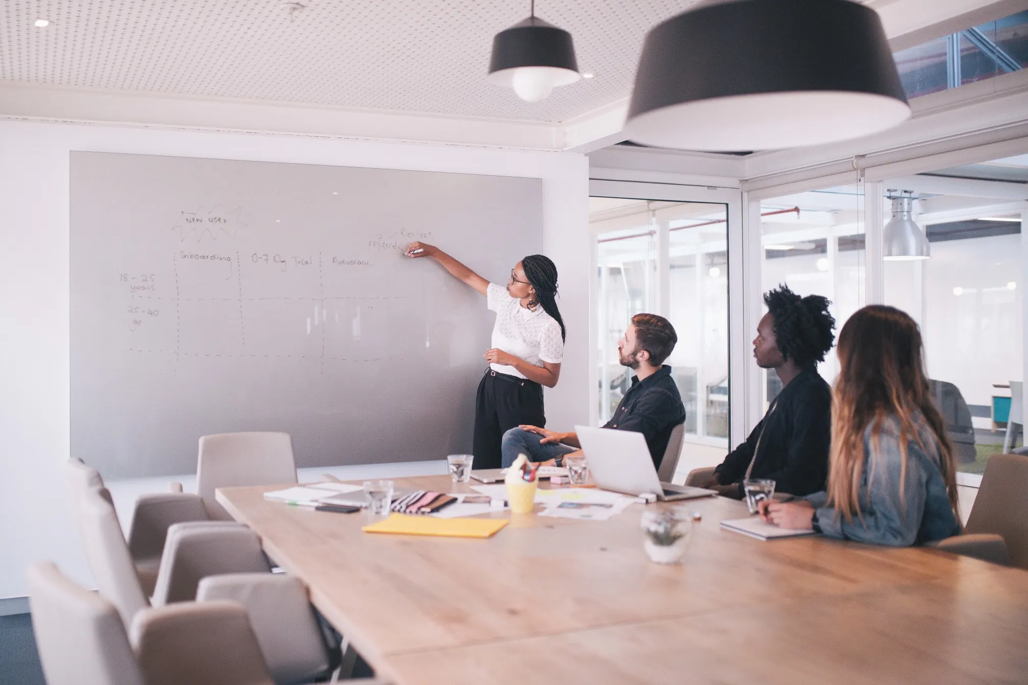 businesswoman in a board room pointing to a whiteboard while her team watches