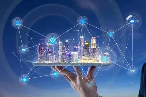 A hand holding a tablet displays a futuristic cityscape with connected digital icons representing technology and smart networks.