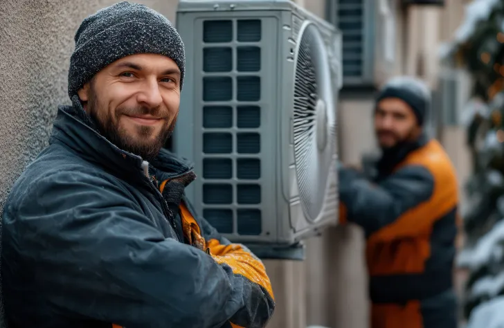 Two men wearing winter clothing work on an outdoor air conditioning unit.