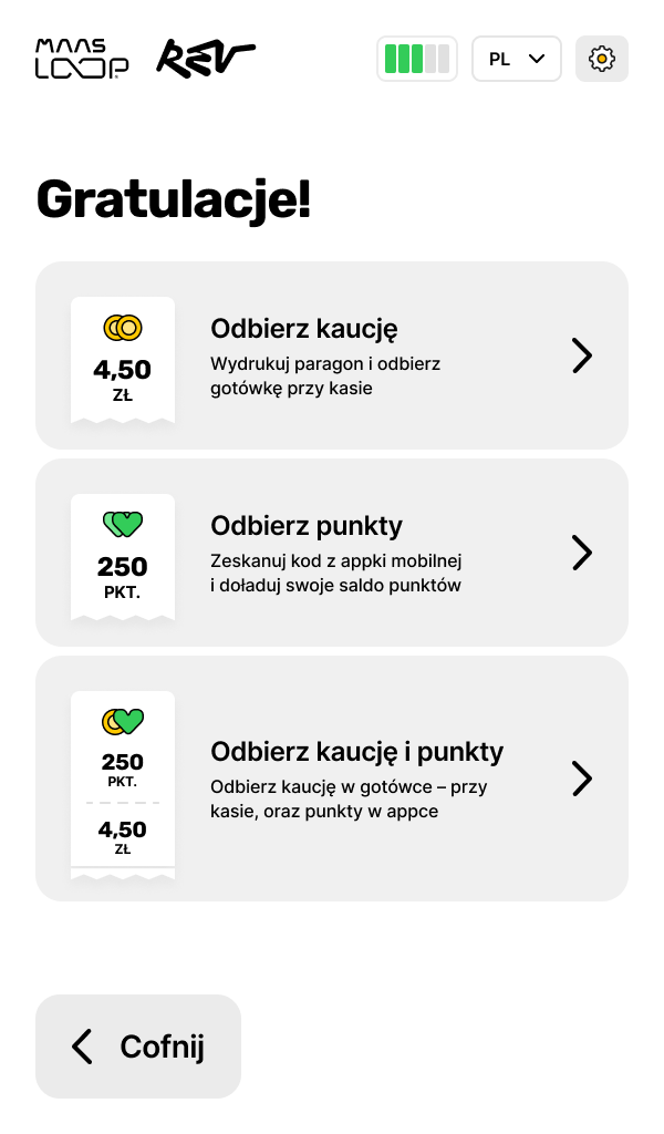 Screen: interfejs urządzenia – widok wyboru formy wypłaty kaucji