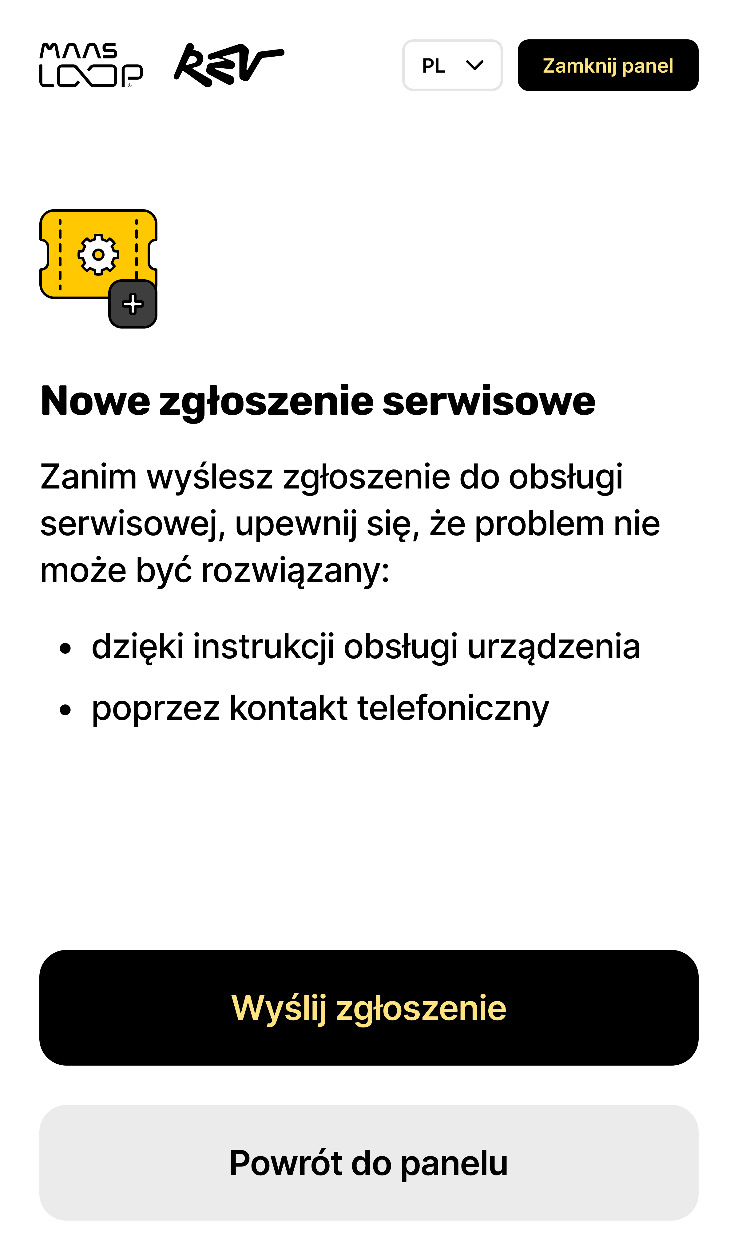 Rev Loop UI – nowe zgłoszenie serwisowe