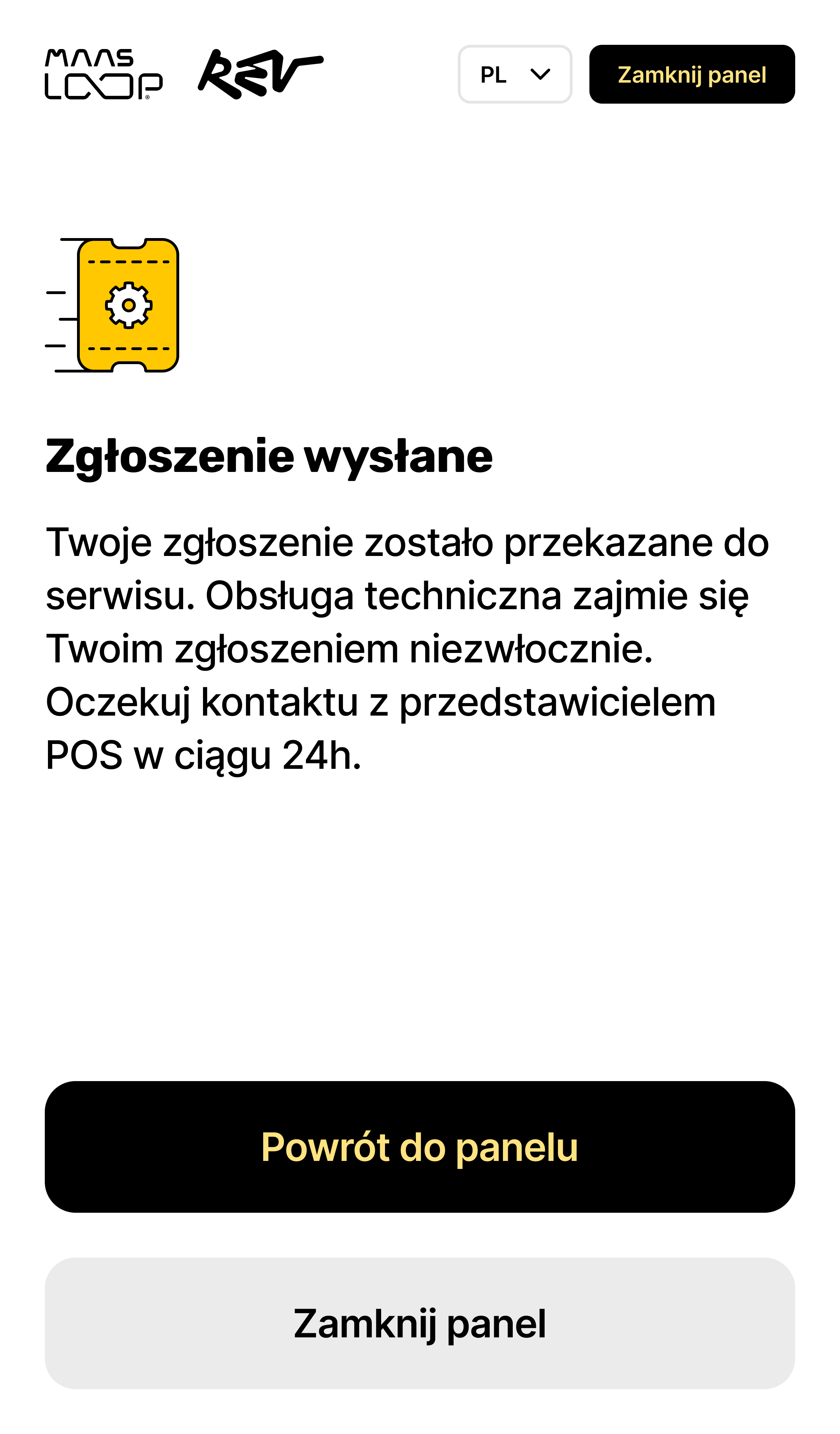 Rev Loop UI – zgłoszenie serwisowe wysłano