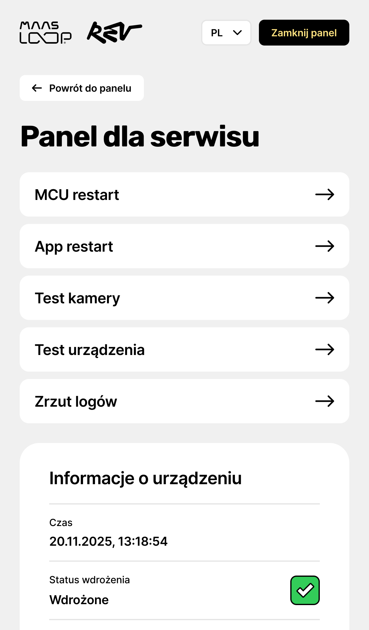 Rev Loop UI – panel dla serwisanta