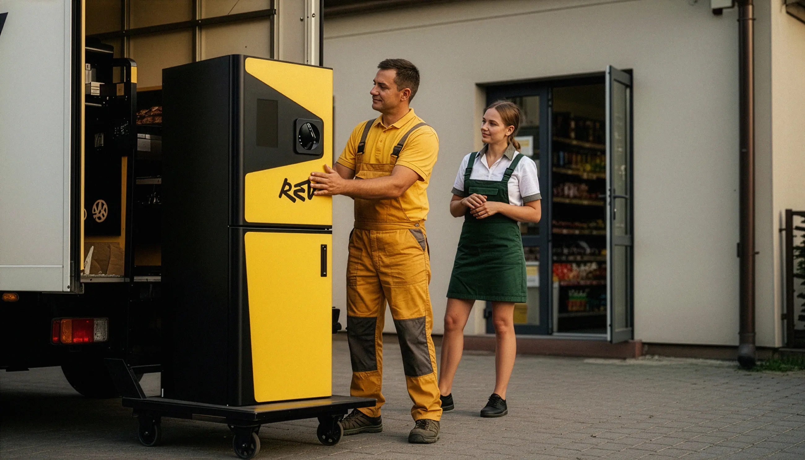 Mężczyzna w żółtym kombinezonie przesuwa na wózku dużą dwudrzwiową żółto-czarną lodówkę, kobieta w zielonym fartuchu patrzy na nią przed sklepem.