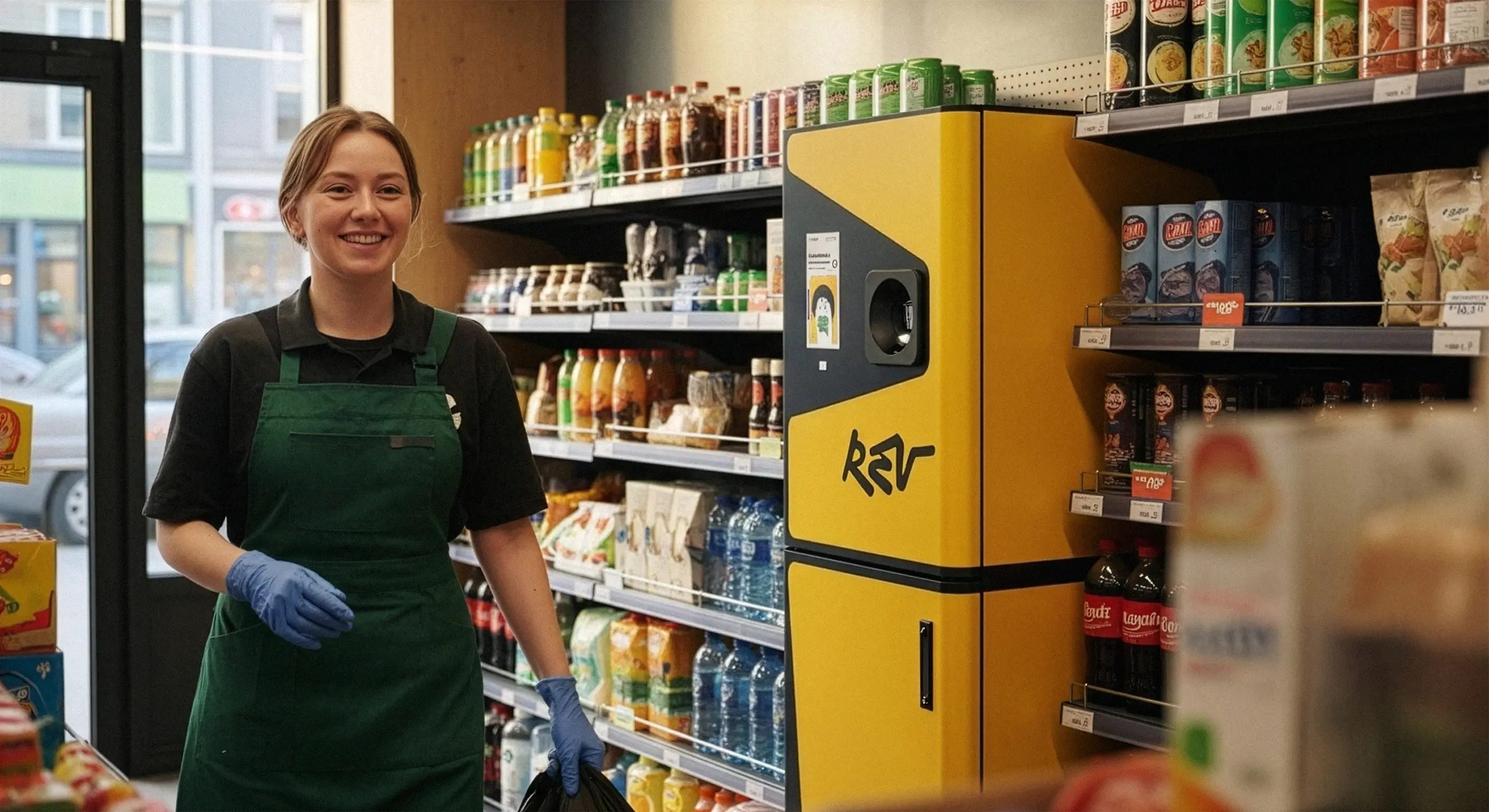 Uśmiechnięta pracownica sklepu spożywczego w zielonym fartuchu i niebieskich rękawiczkach stoi obok żółtej maszyny do zwrotu butelek i puszek.