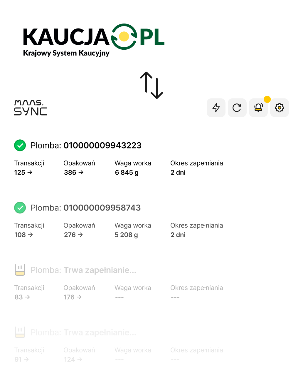Maas Sync App screenshot showing a summary of RVM performance, stats and basic device informations