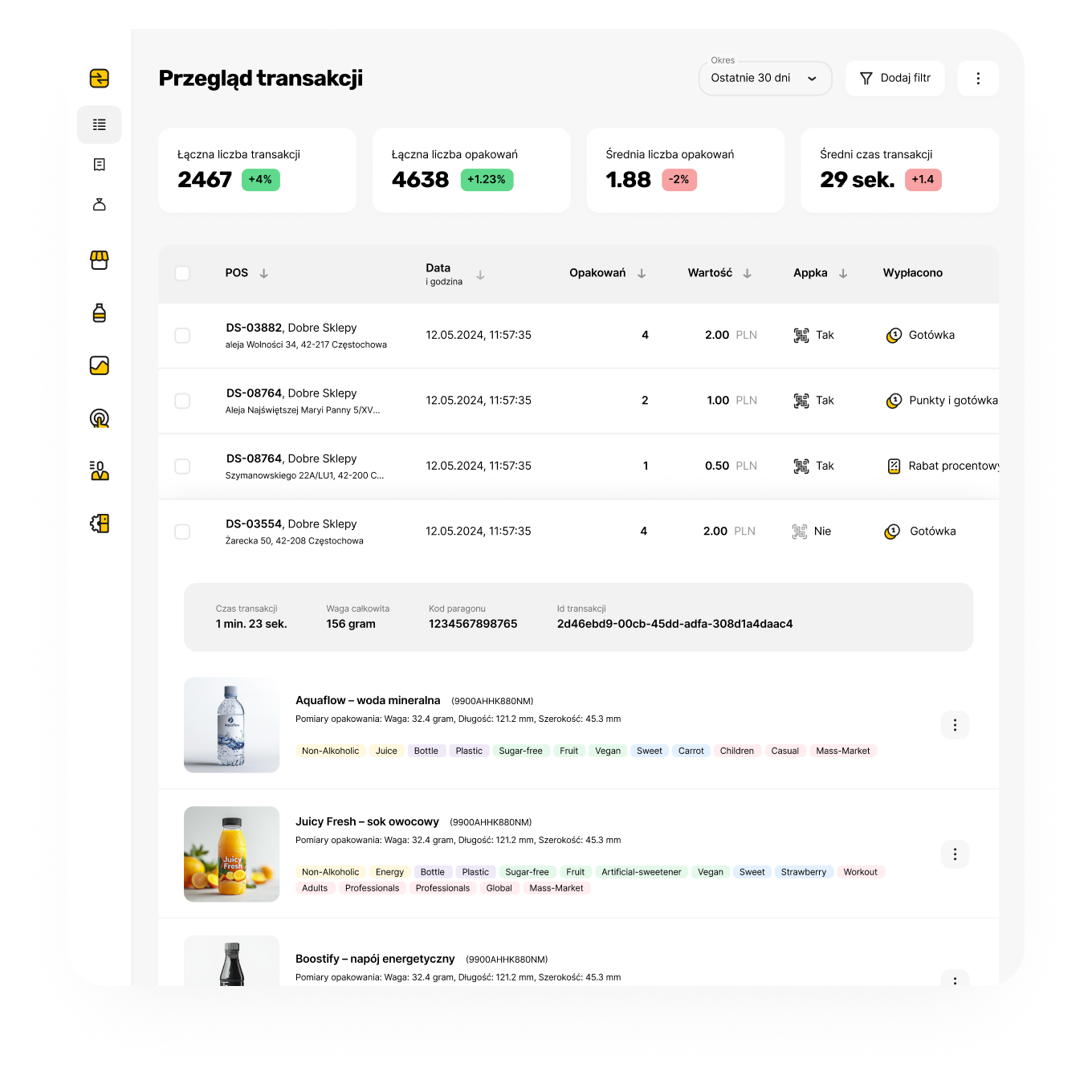 Przegląd transakcji z podsumowaniem liczby transakcji, opakowań, średniej liczby opakowań i średniego czasu transakcji oraz listą szczegółów transakcji z datami, miejscami, wartościami i metodami płatności.