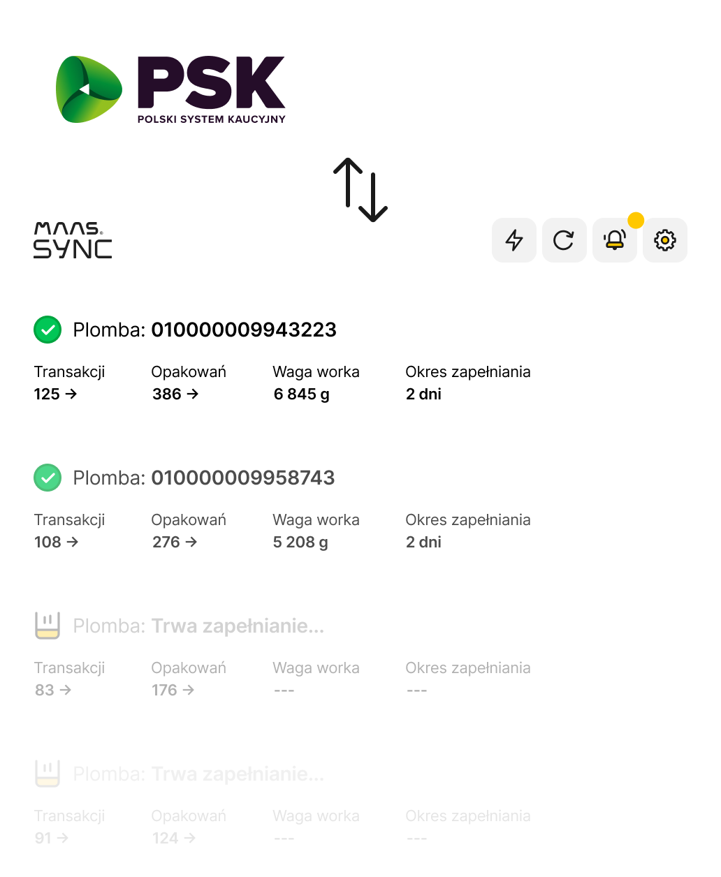 Maas Sync App screenshot showing a summary of RVM performance, stats and basic device informations