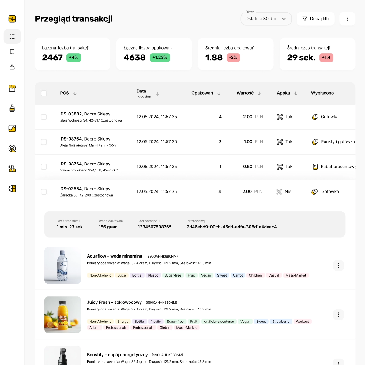 Przegląd transakcji z podsumowaniem liczby transakcji, opakowań, średniej liczby opakowań i średniego czasu transakcji oraz listą szczegółów transakcji z datami, miejscami, wartościami i metodami płatności.