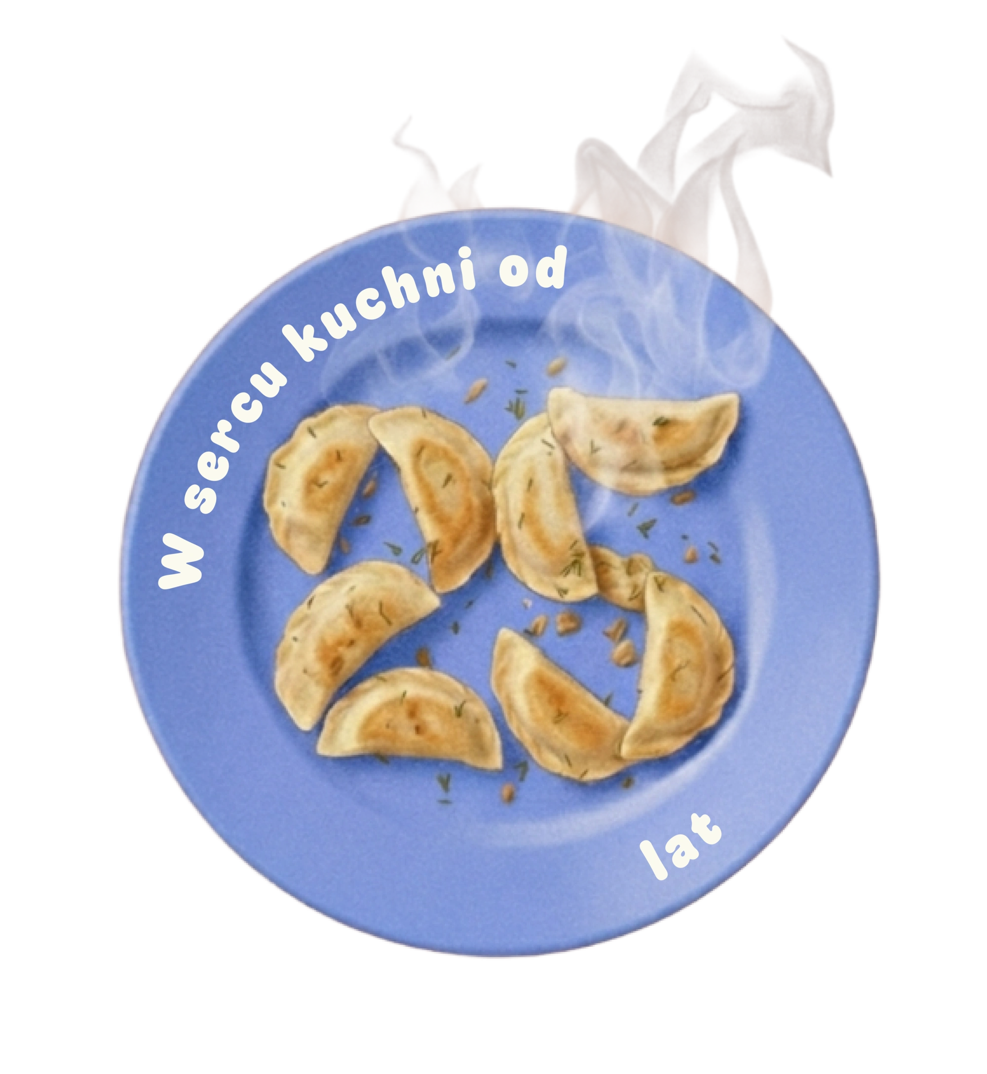 Hasło 25-lecia firmy Gastronet "W sercu kuchni od 25 lat". Obraz przedstawia fioletowy talerz z numer 25 ułożonym z pierogów. 
