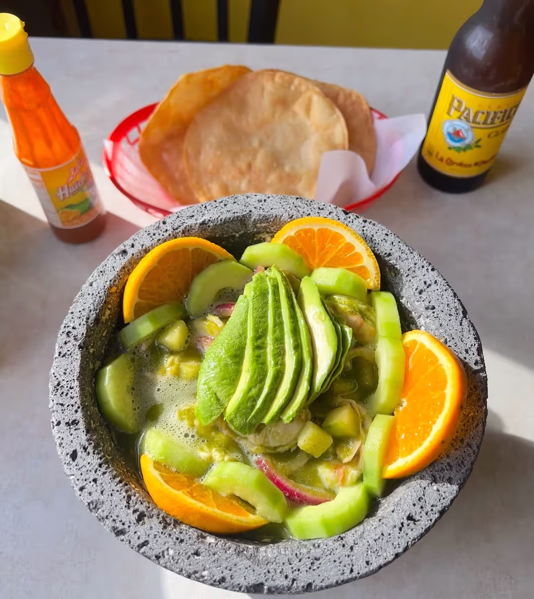 Aguachile served in a molcajete