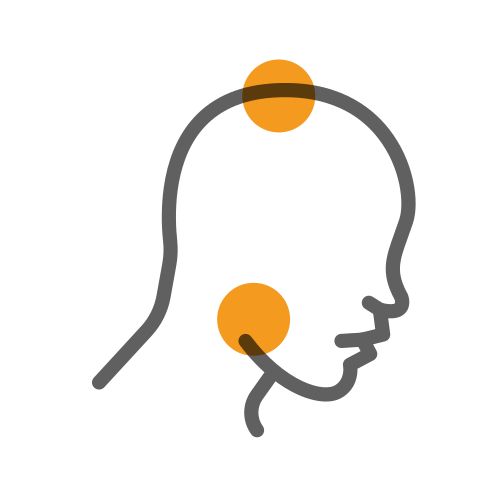 Outline of a human head in profile with orange dots indicating points on the forehead and jaw area.