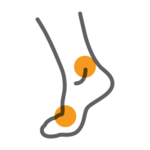 Simple line drawing of a human foot and ankle with two orange circles highlighting the heel and ankle joint areas.