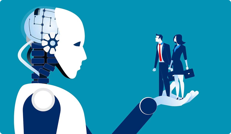 AI robot holding business people in hand