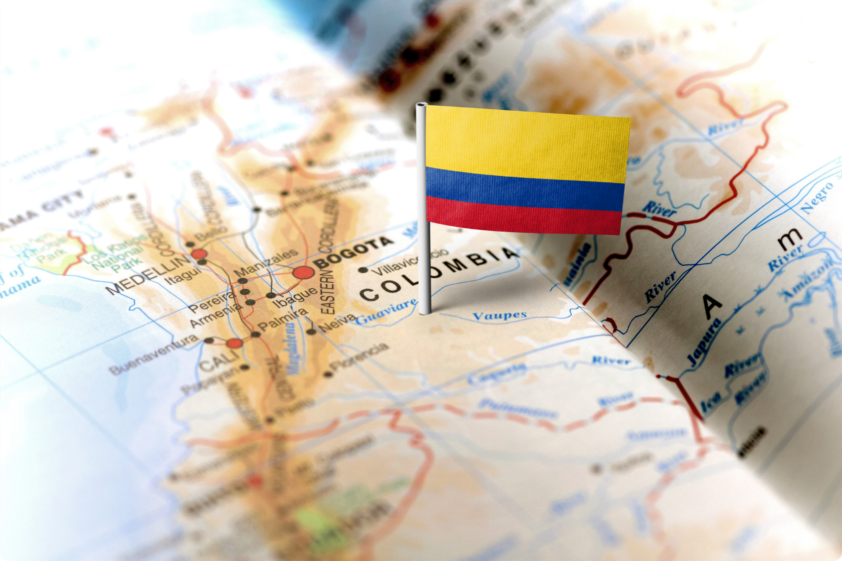 Colombian flag on map of Colombia
