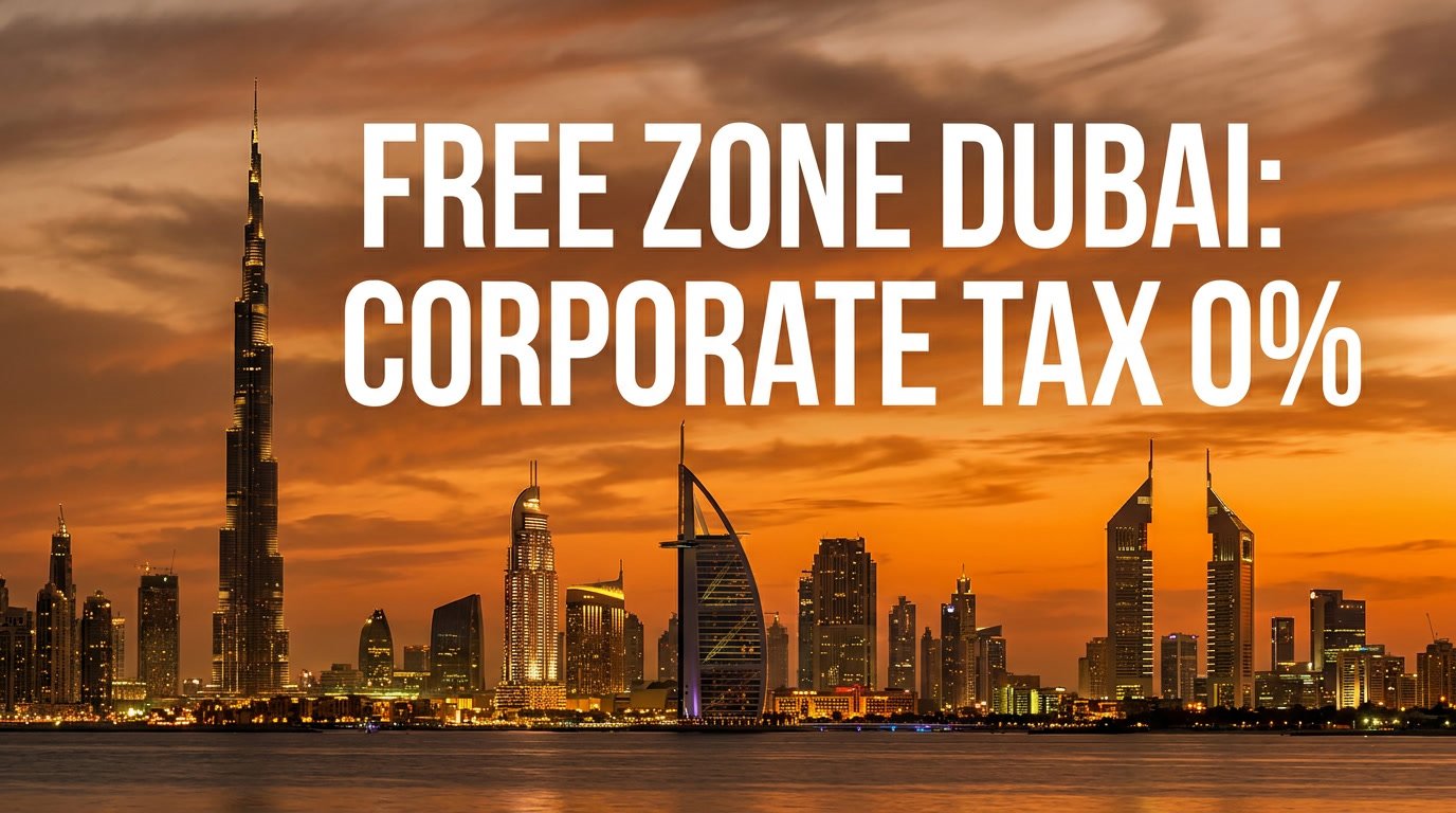 Skyline di Dubai al tramonto con il Burj Khalifa e il testo Free Zone Corporate Tax 0%