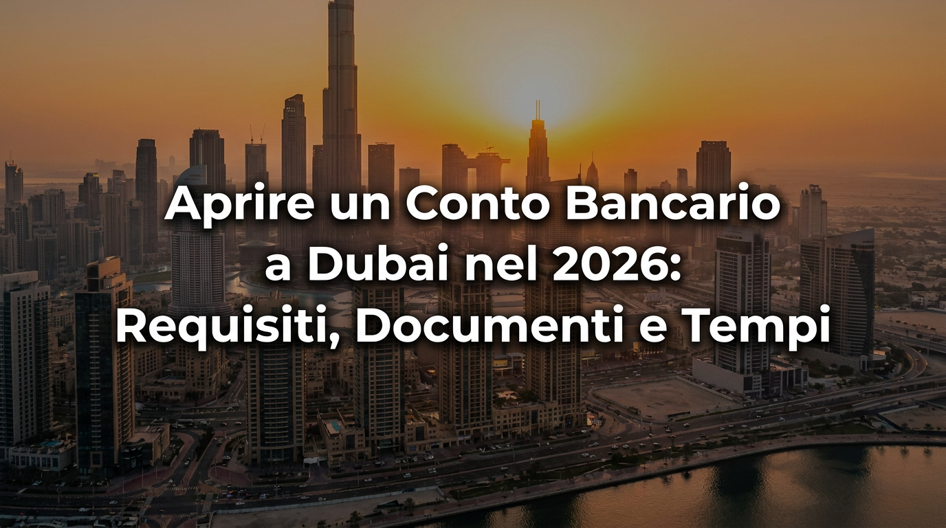 Aprire un conto bancario a Dubai nel 2026: skyline di Dubai al tramonto con titolo dell'articolo su requisiti, documenti e tempi