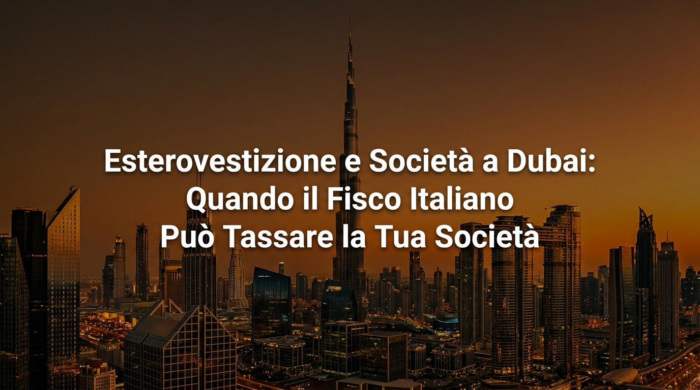 Esterovestizione società Dubai: skyline di Dubai al tramonto con titolo dell'articolo sui rischi fiscali per le società negli Emirati