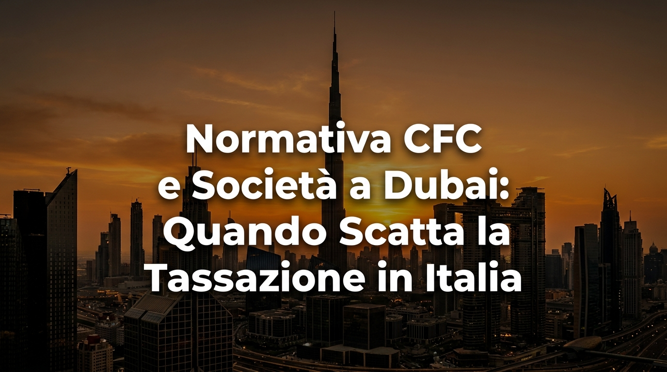 Normativa CFC e società a Dubai: skyline di Dubai al tramonto con titolo dell'articolo