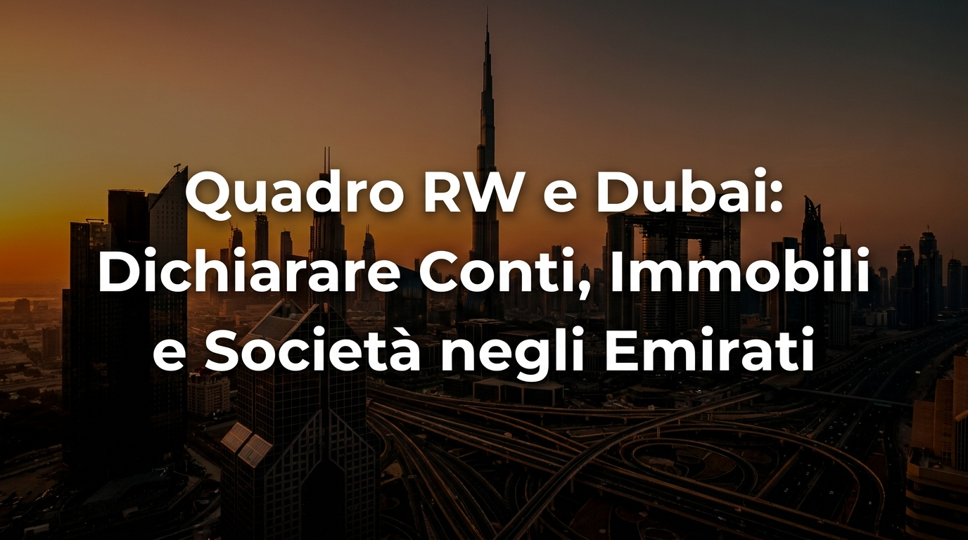 Quadro RW e Dubai: skyline di Dubai al tramonto con titolo dell'articolo sulla dichiarazione di conti, immobili e società negli Emirati