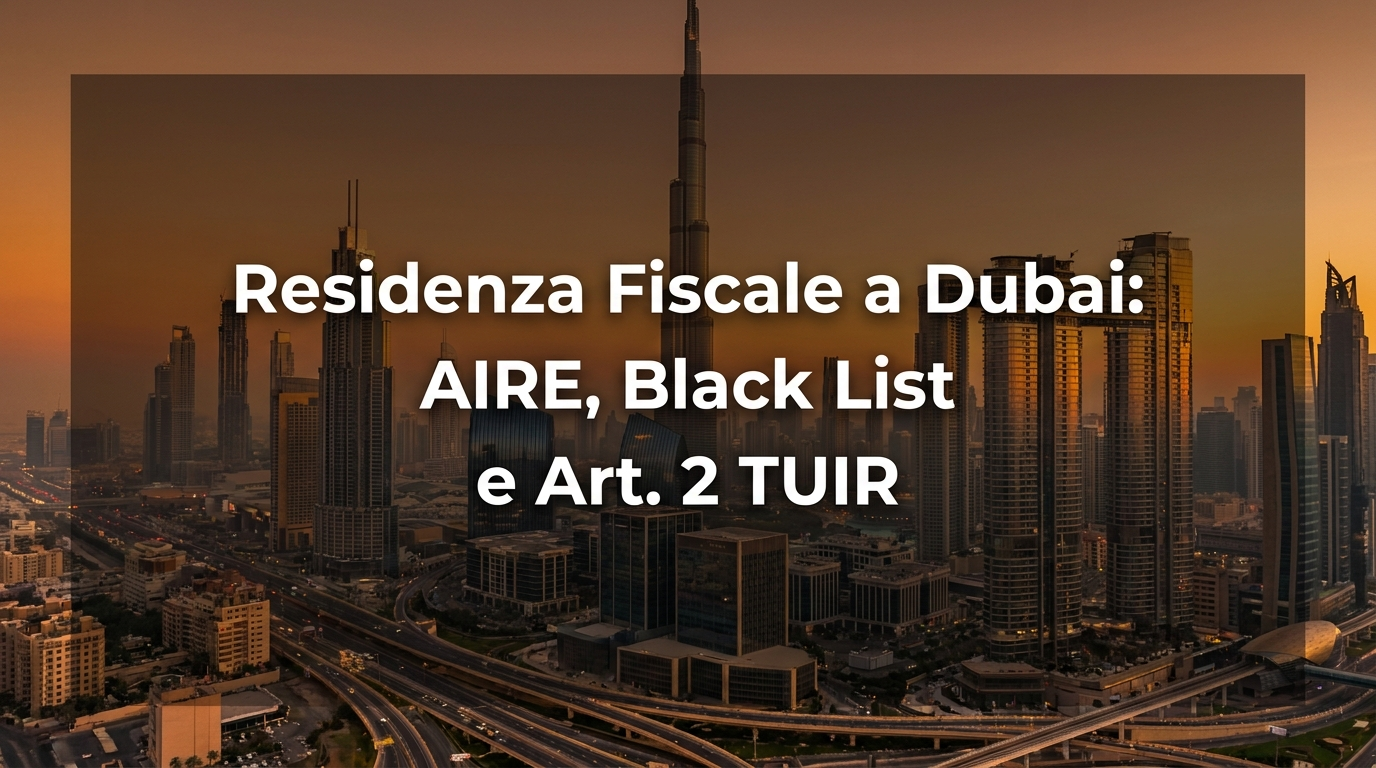 Skyline di Dubai al tramonto con titolo Residenza Fiscale a Dubai: AIRE, Black List e Art. 2 TUIR