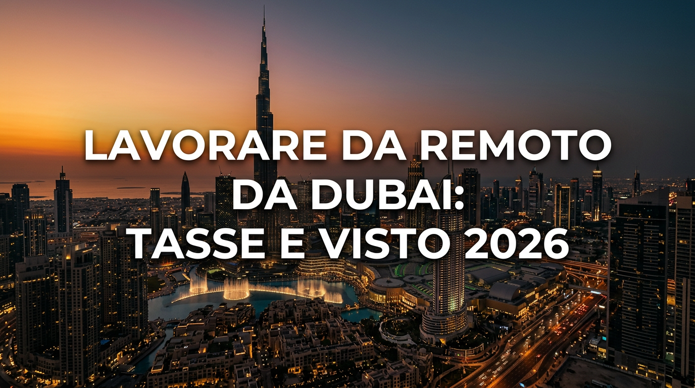 Skyline di Dubai al tramonto con titolo: lavorare da remoto da Dubai, tasse e visto 2026
