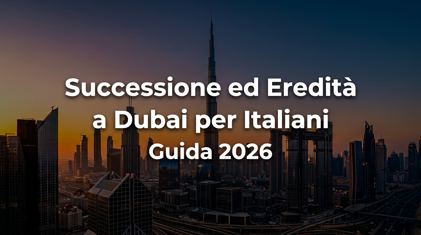 Successione ed eredità a Dubai per italiani: skyline di Dubai al tramonto con titolo della guida 2026