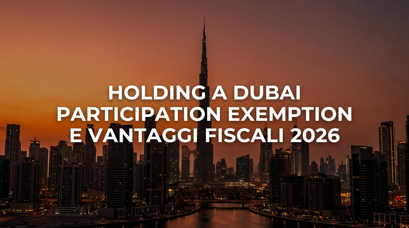 Holding a Dubai: skyline di Dubai al tramonto con titolo Participation Exemption e Vantaggi Fiscali 2026