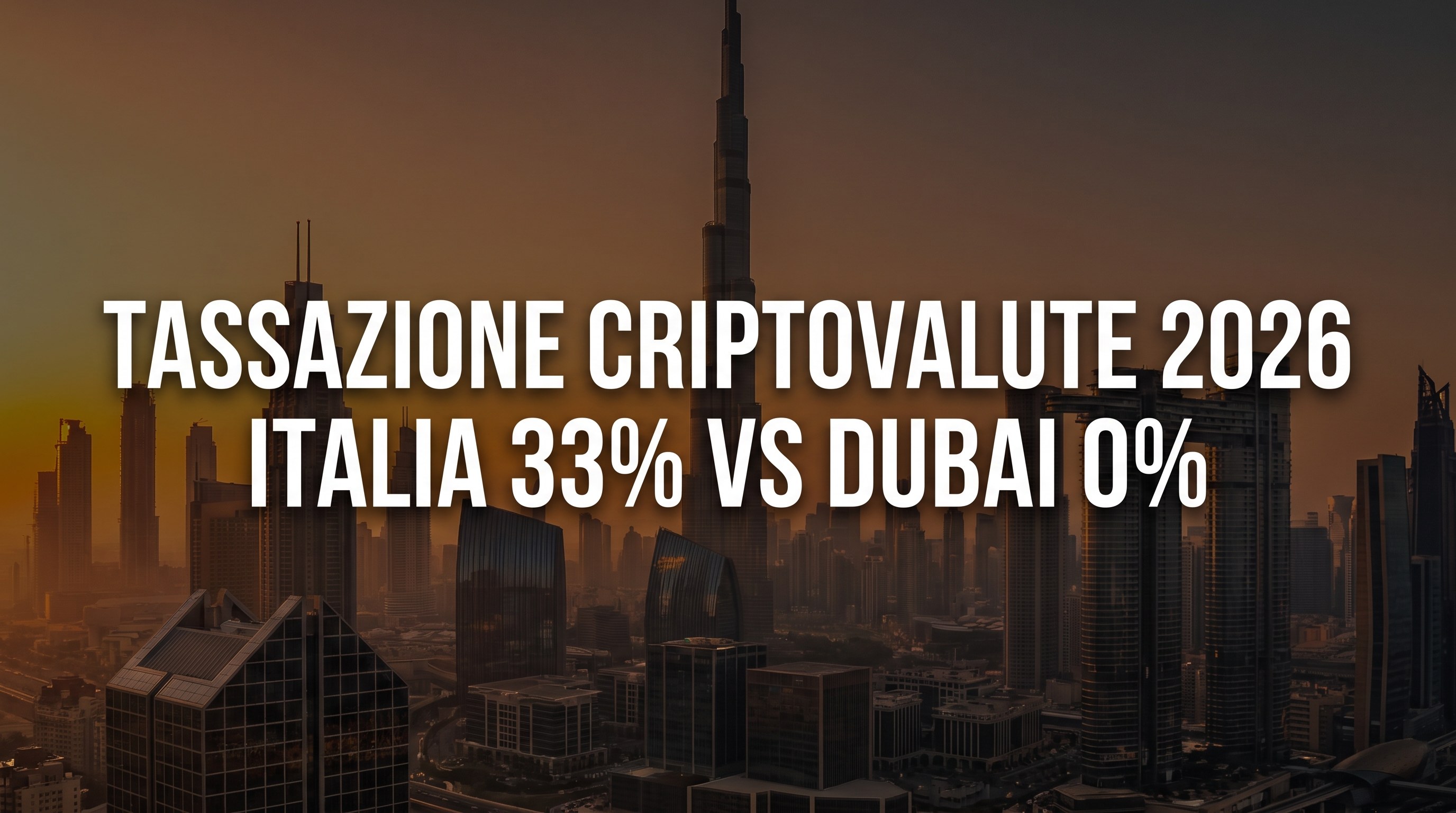 Tassazione criptovalute 2026: skyline di Dubai al tramonto con confronto Italia 33% vs Dubai 0%