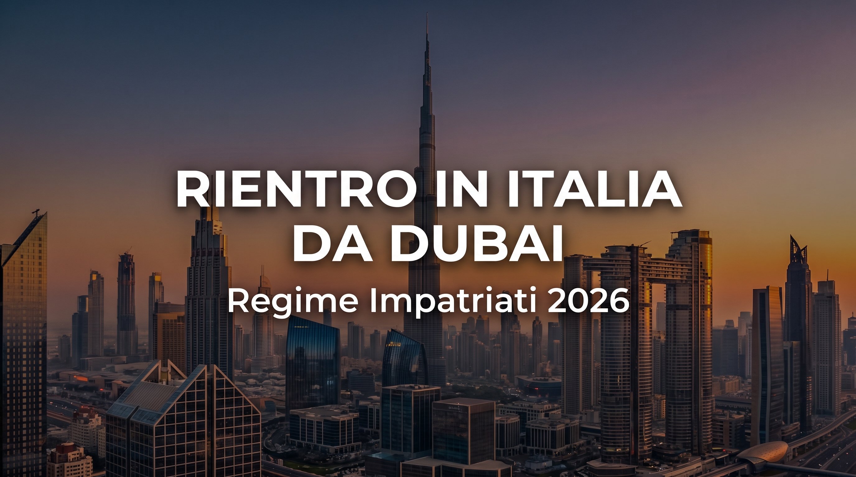 Rientro in Italia da Dubai: regime impatriati 2026, skyline di Dubai al tramonto con titolo dell'articolo