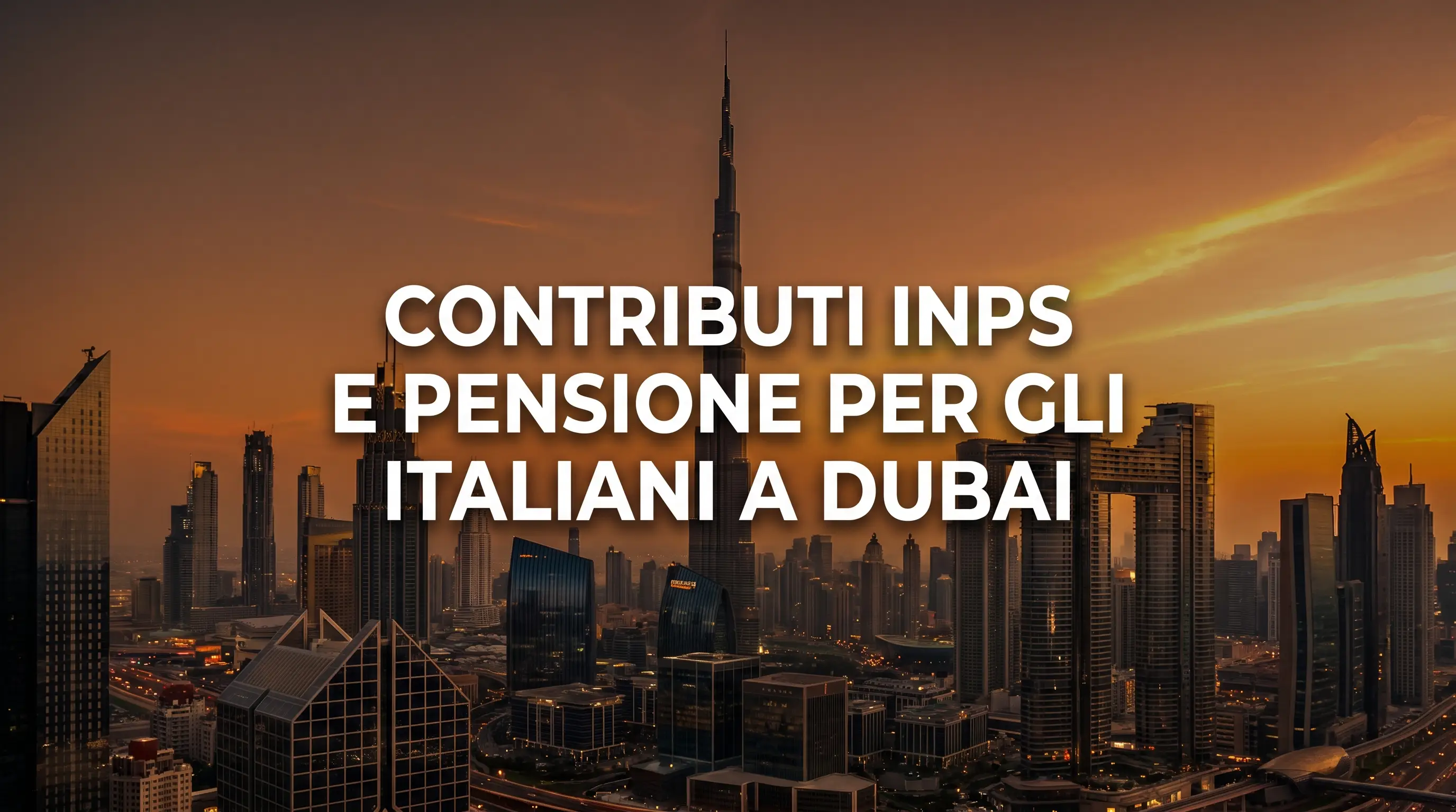 Skyline di Dubai al tramonto con il titolo Contributi INPS e Pensione per gli Italiani a Dubai