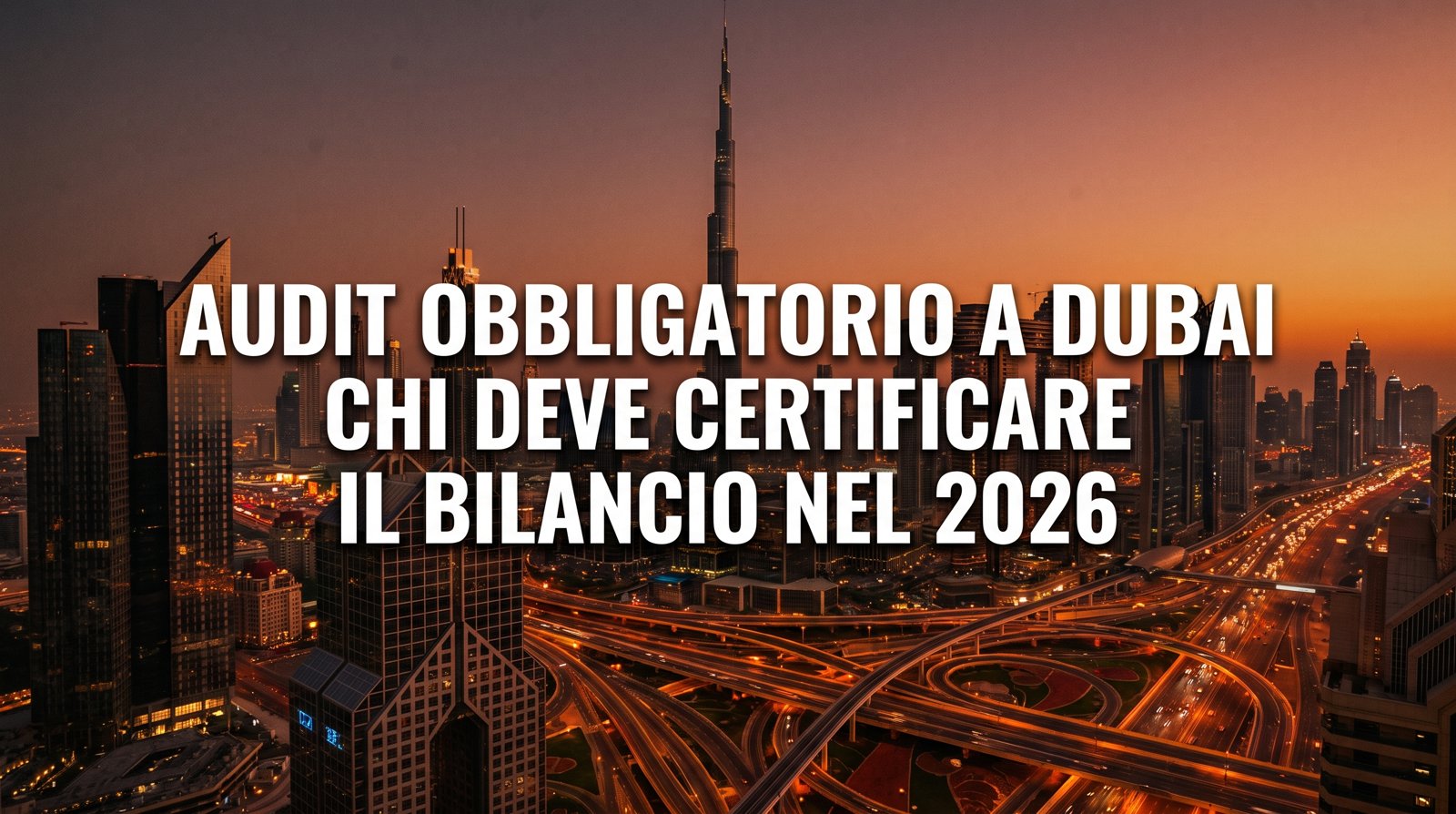 Skyline di Dubai al tramonto con il titolo Audit Obbligatorio a Dubai: chi deve certificare il bilancio nel 2026