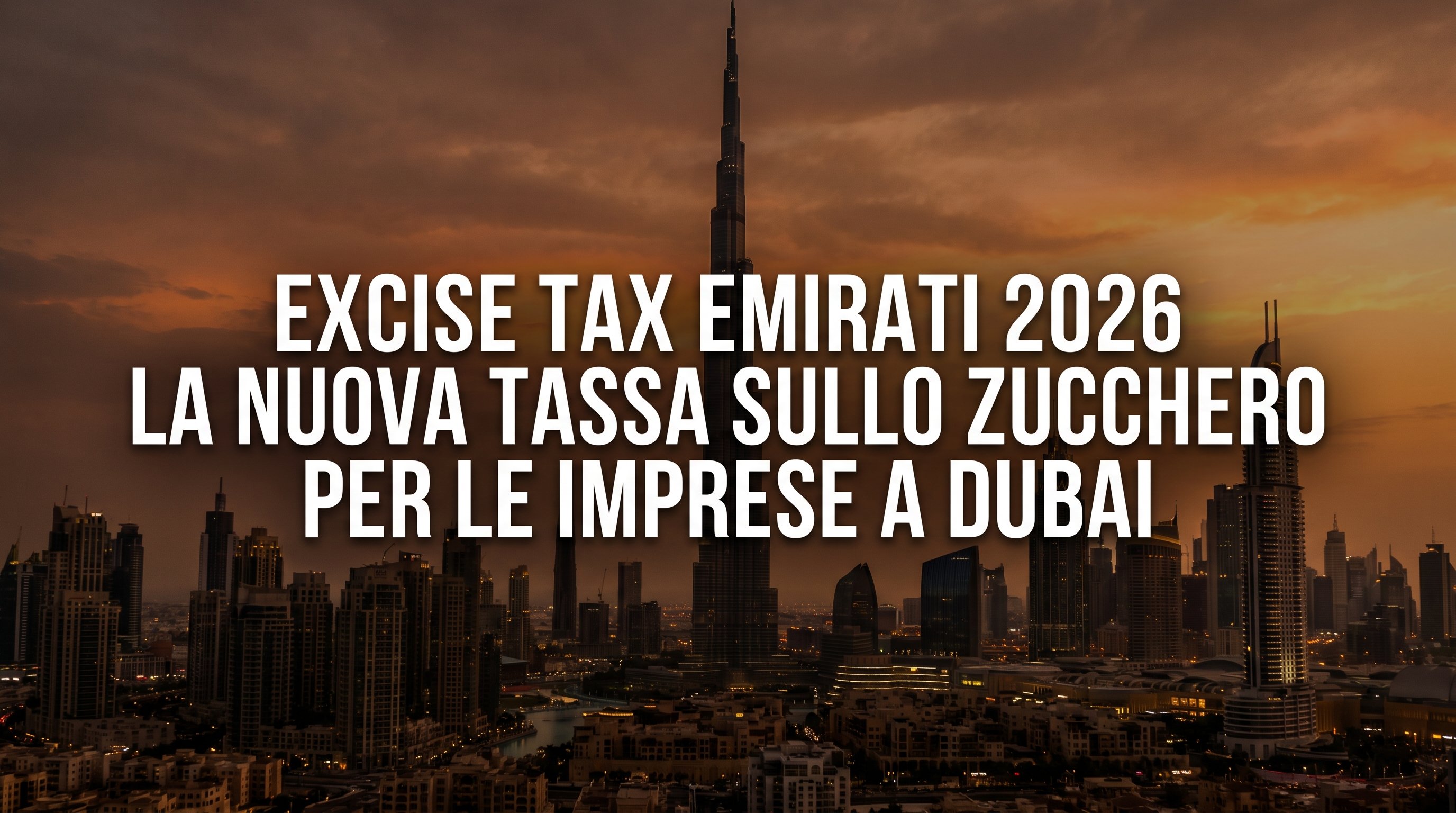 Excise Tax negli Emirati 2026: skyline di Dubai al tramonto con il titolo sulla nuova tassa sullo zucchero per le imprese