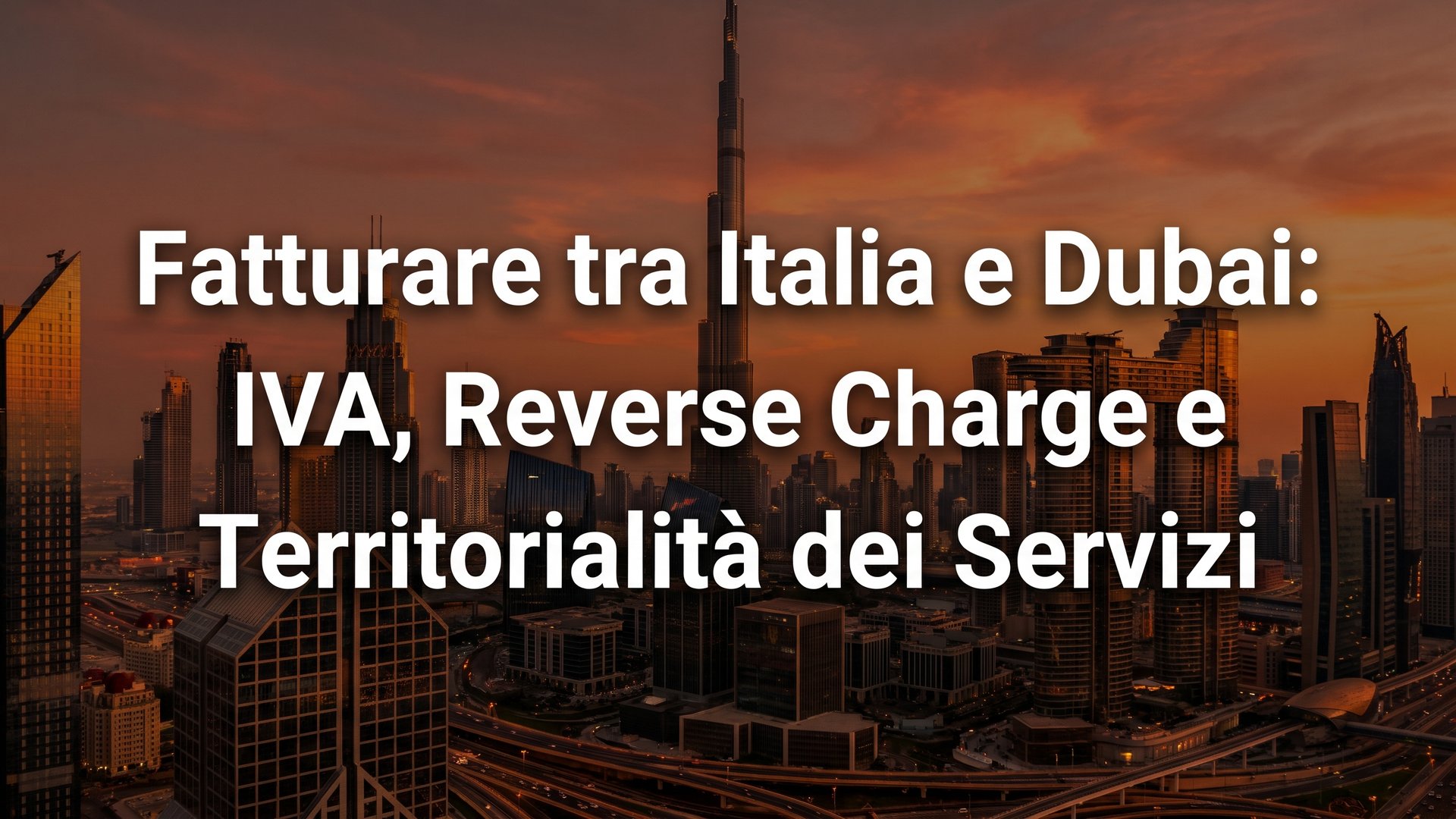 Skyline di Dubai al tramonto con il titolo Fatturare tra Italia e Dubai: IVA, Reverse Charge e Territorialità dei Servizi