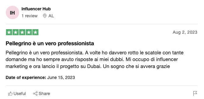 Recensione Trustpilot di un cliente, 5 stelle