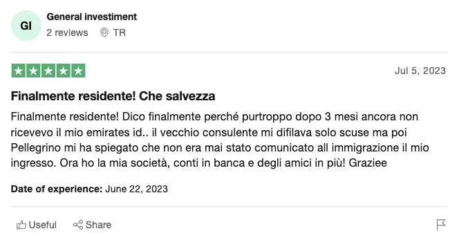 Recensione Trustpilot di un cliente, 5 stelle