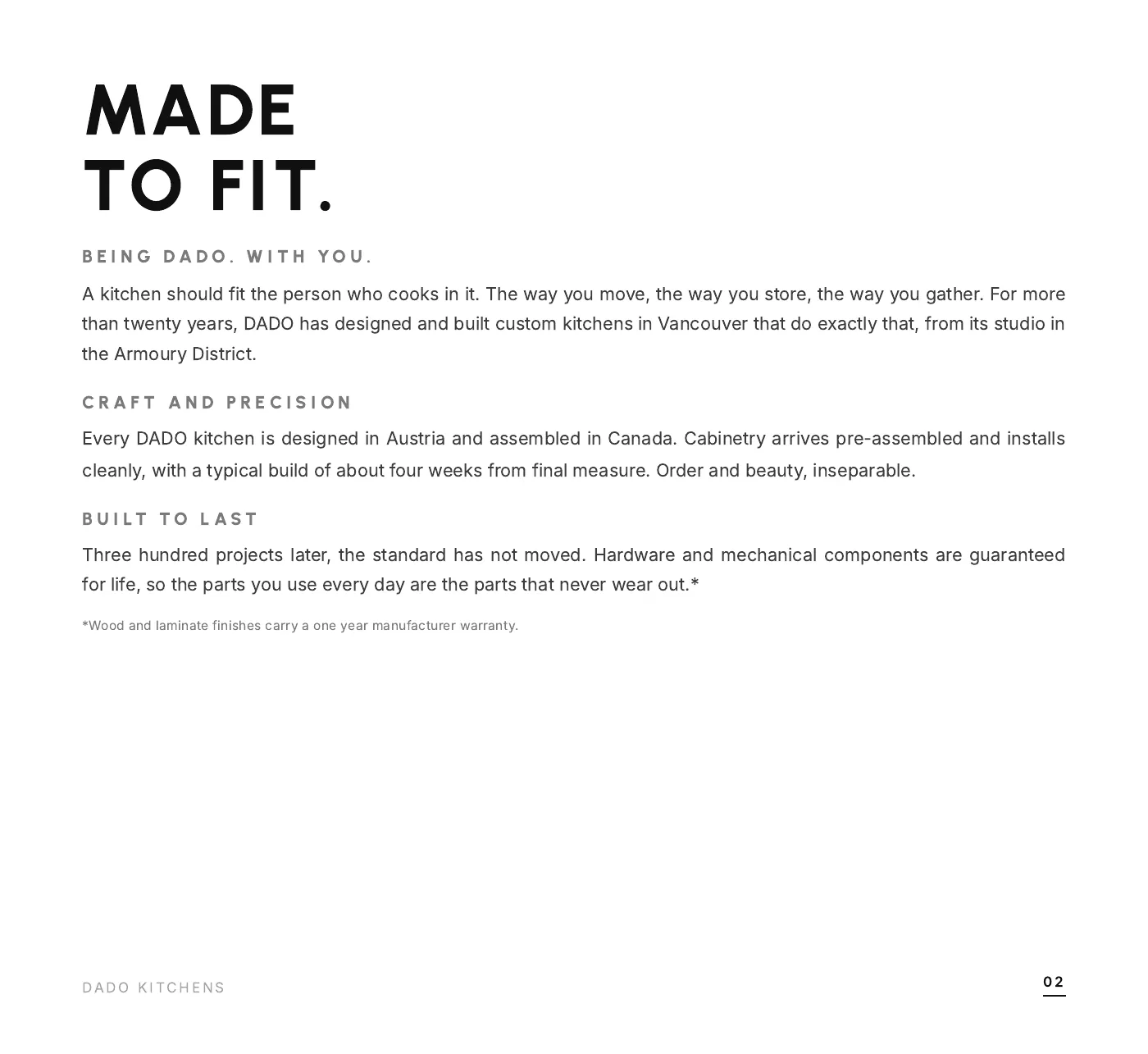 DADO Kitchens brochure 2026-2027, page 2 of 28: Made to fit, about DADO