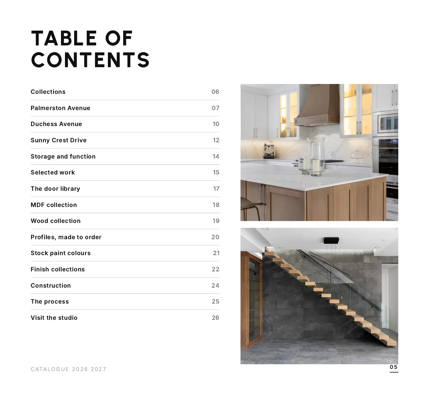 DADO Kitchens brochure 2026-2027, page 5 of 28: table of contents